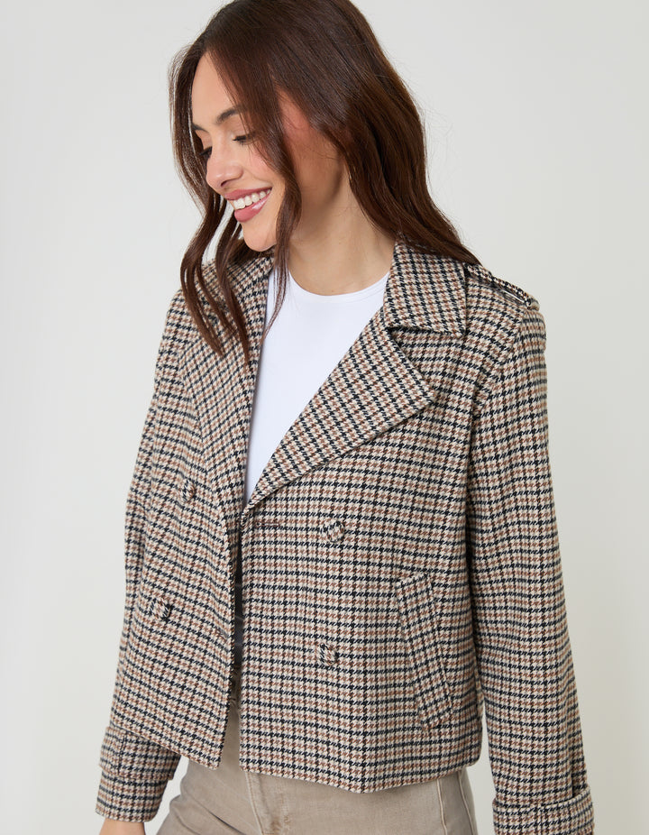 Brown Check Faux Wool Cropped Jacket