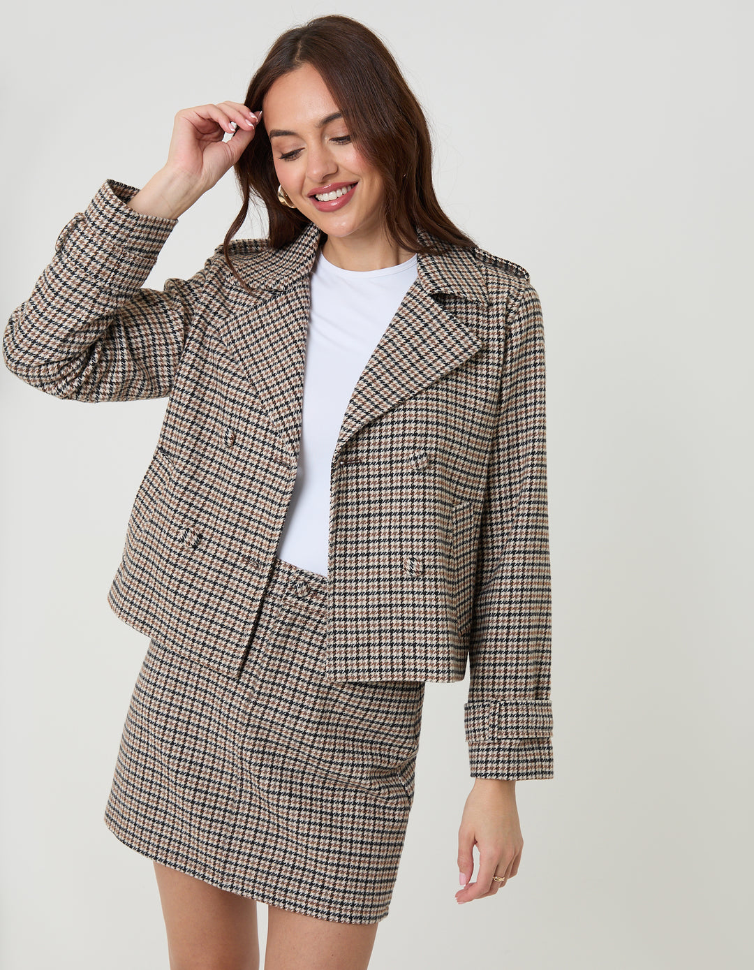 Brown Check Faux Wool Cropped Jacket