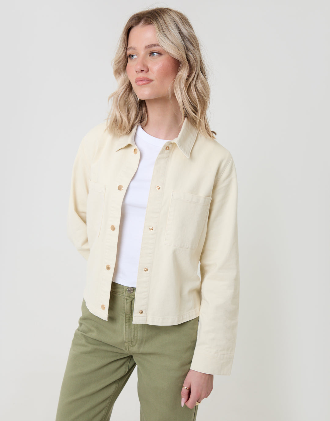 Threadbare Patch Pocket Denim Shacket in Ecru - front view