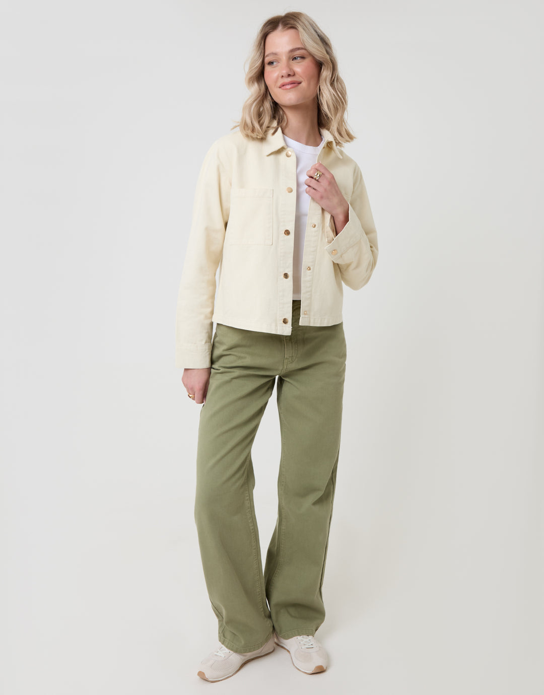 Threadbare Patch Pocket Denim Shacket in Ecru - full body