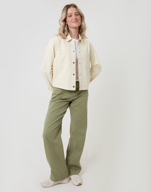 Threadbare Patch Pocket Denim Shacket in Ecru - full body