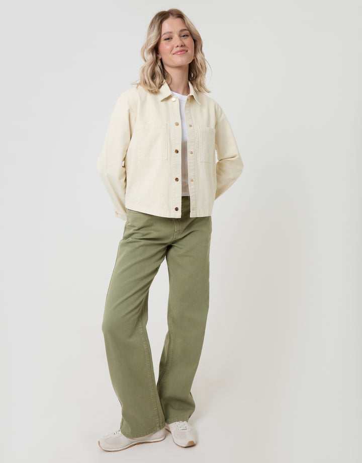 Threadbare Patch Pocket Denim Shacket in Ecru - full body