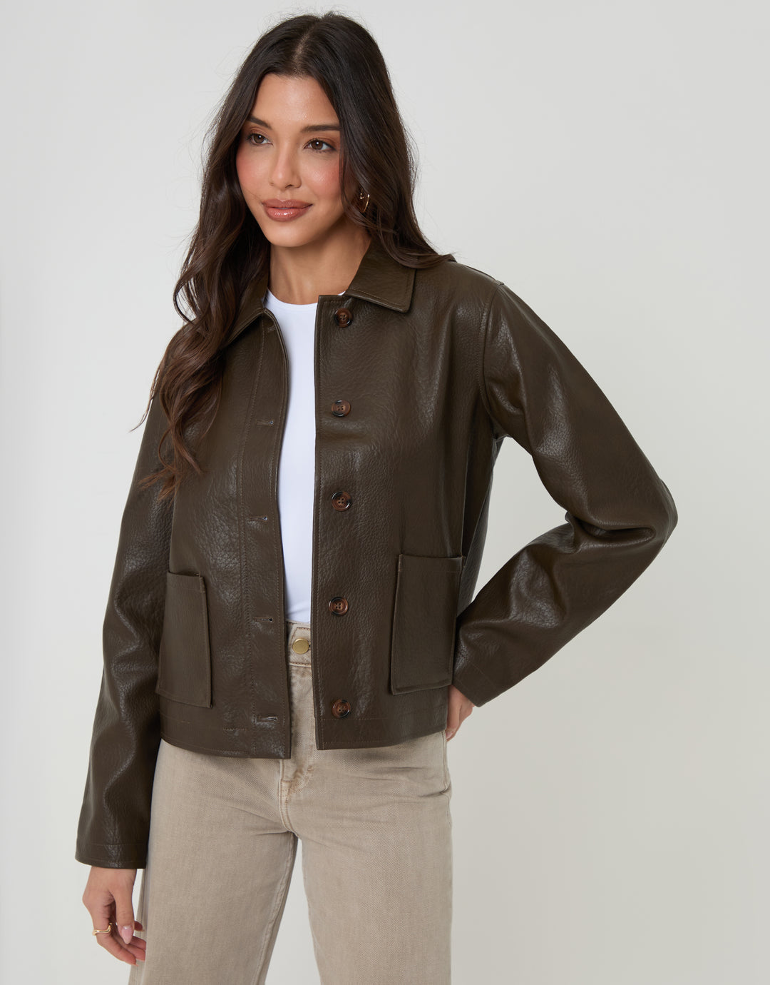 Chocolate Brown  Faux Leather Cropped Button Up Jacket