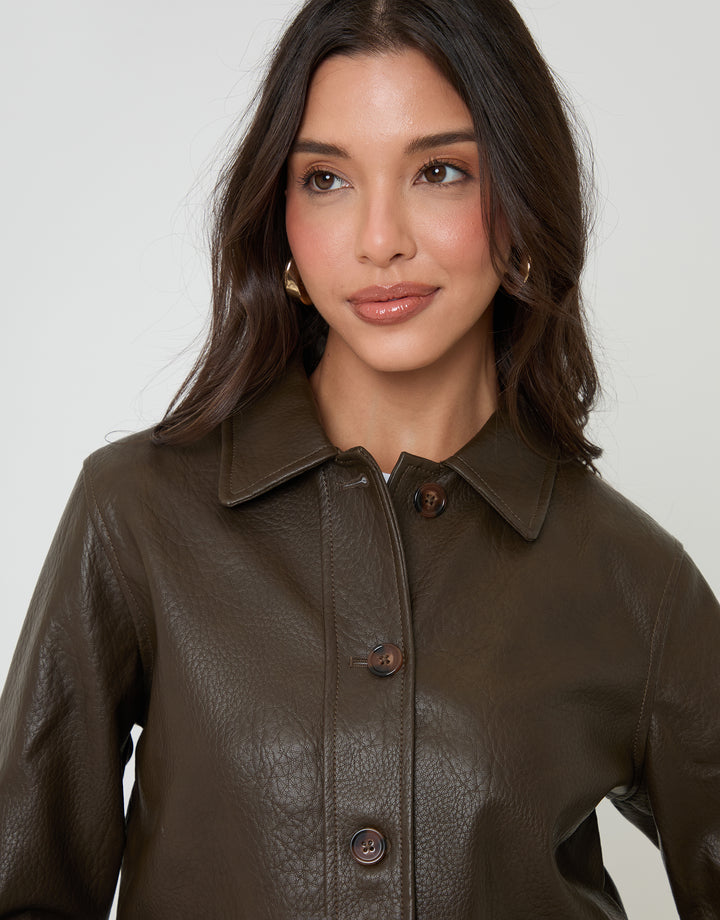 Chocolate Brown  Faux Leather Cropped Button Up Jacket