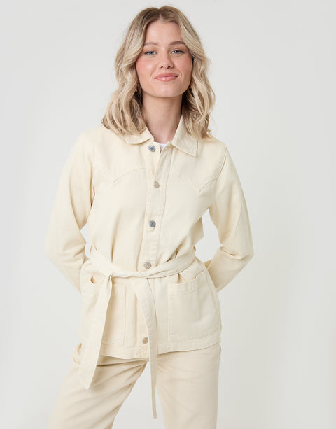 Threadbare Belted Denim Jacket in Ecru - front view