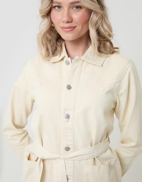 Threadbare Belted Denim Jacket in Ecru - front view close up