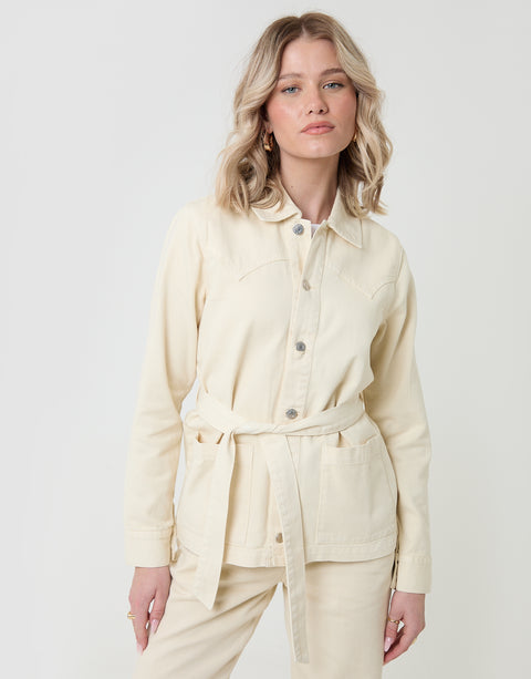 Threadbare Belted Denim Jacket in Ecru - front view