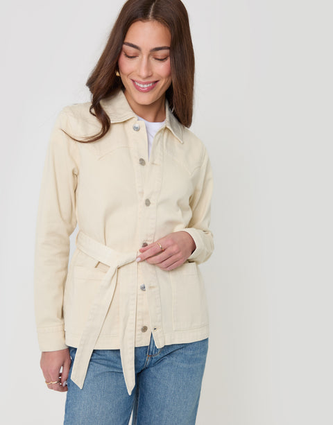 Threadbare Belted Denim Jacket in Ecru - front view