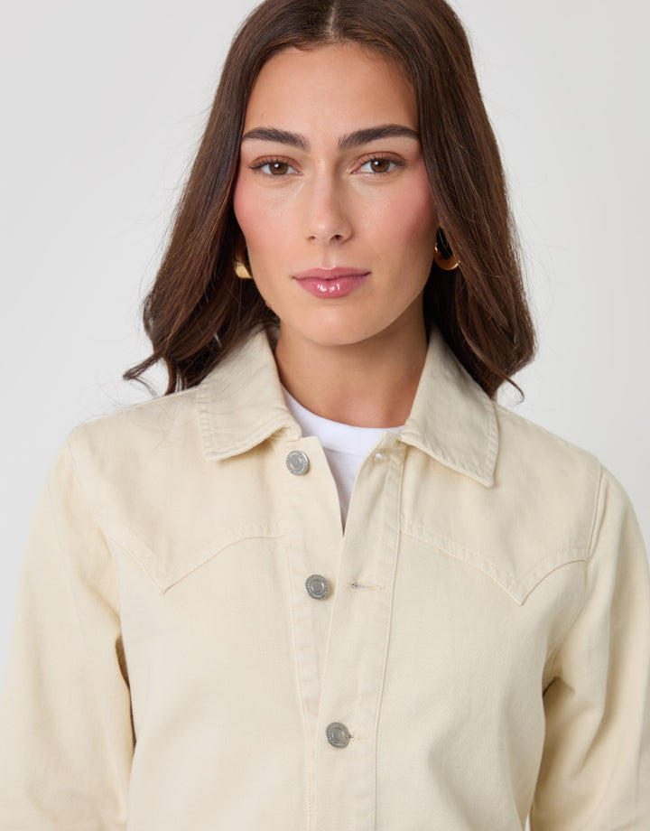 Threadbare Belted Denim Jacket in Ecru - close up