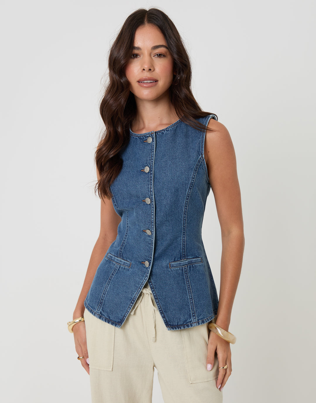 Threadbare Denim Tie Back Waistcoat in Mid Wash - front view