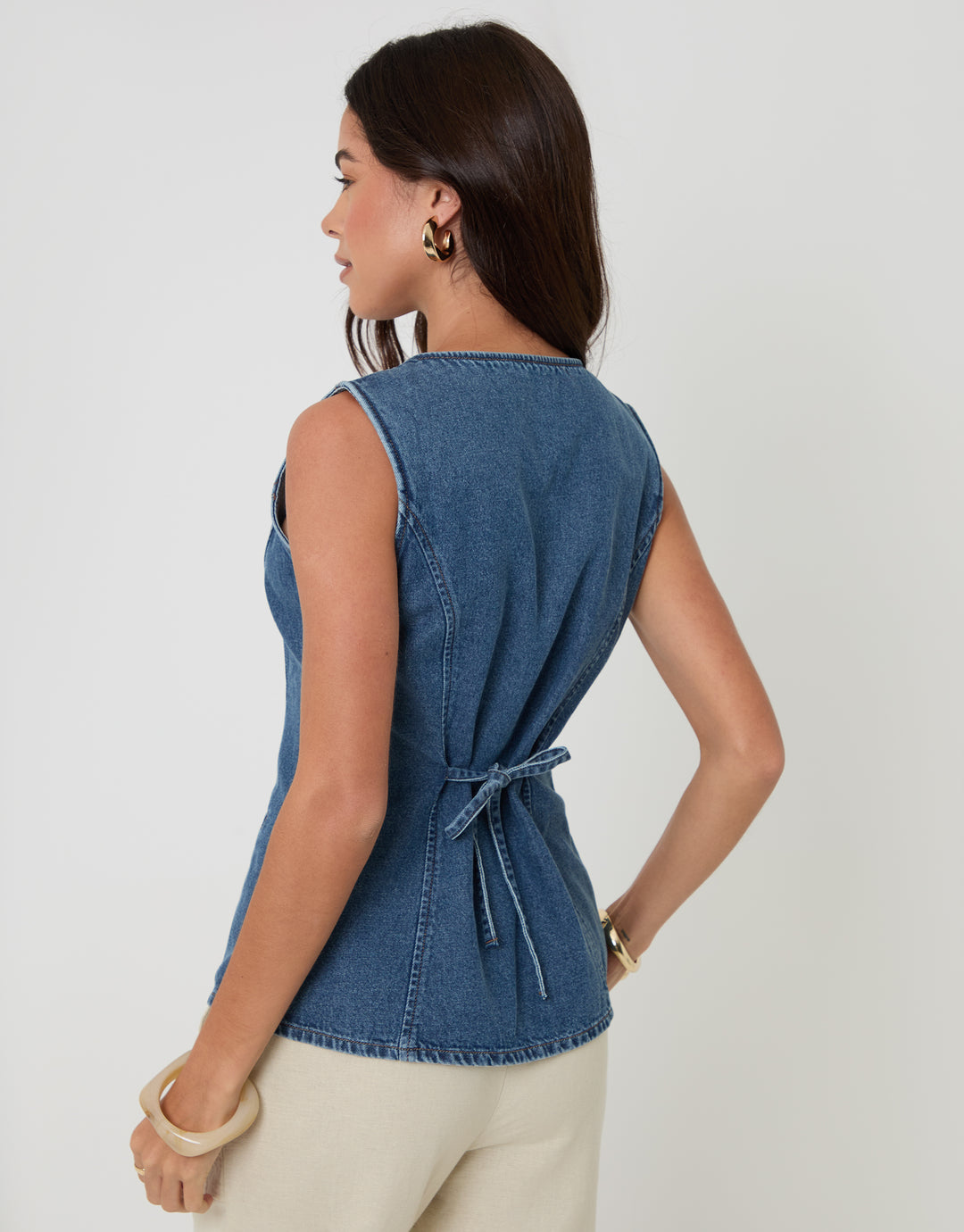 Threadbare Denim Tie Back Waistcoat in Mid Wash - back view