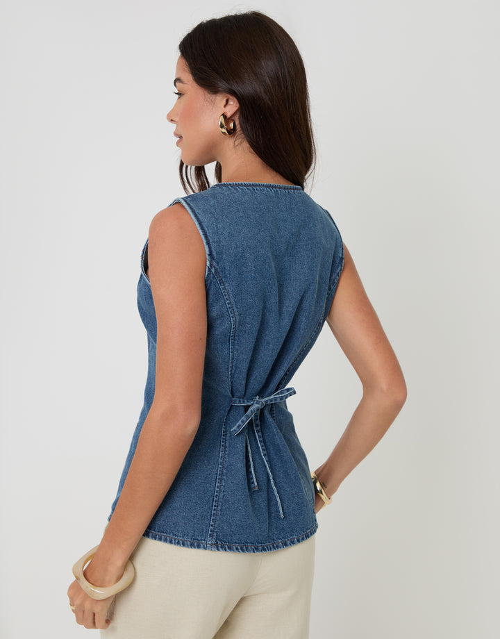 Threadbare Denim Tie Back Waistcoat in Mid Wash - back view