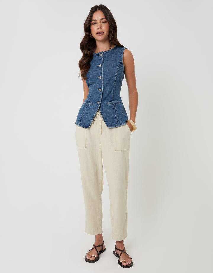 Threadbare Denim Tie Back Waistcoat in Mid Wash - full body