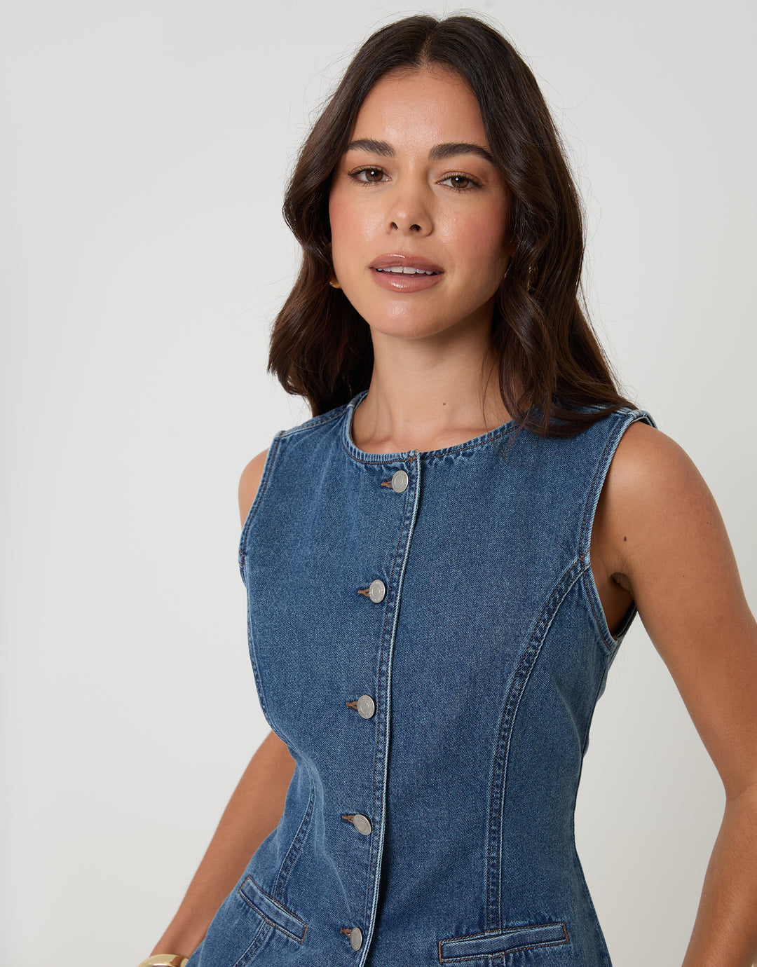 Threadbare Denim Tie Back Waistcoat in Mid Wash - front view close up