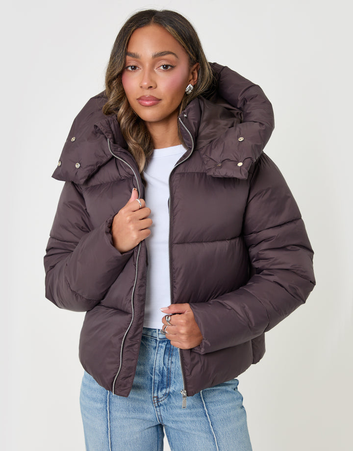 Threadbare Petite Showerproof Funnel Neck Puffer Coat in Chocolate Brown - front view