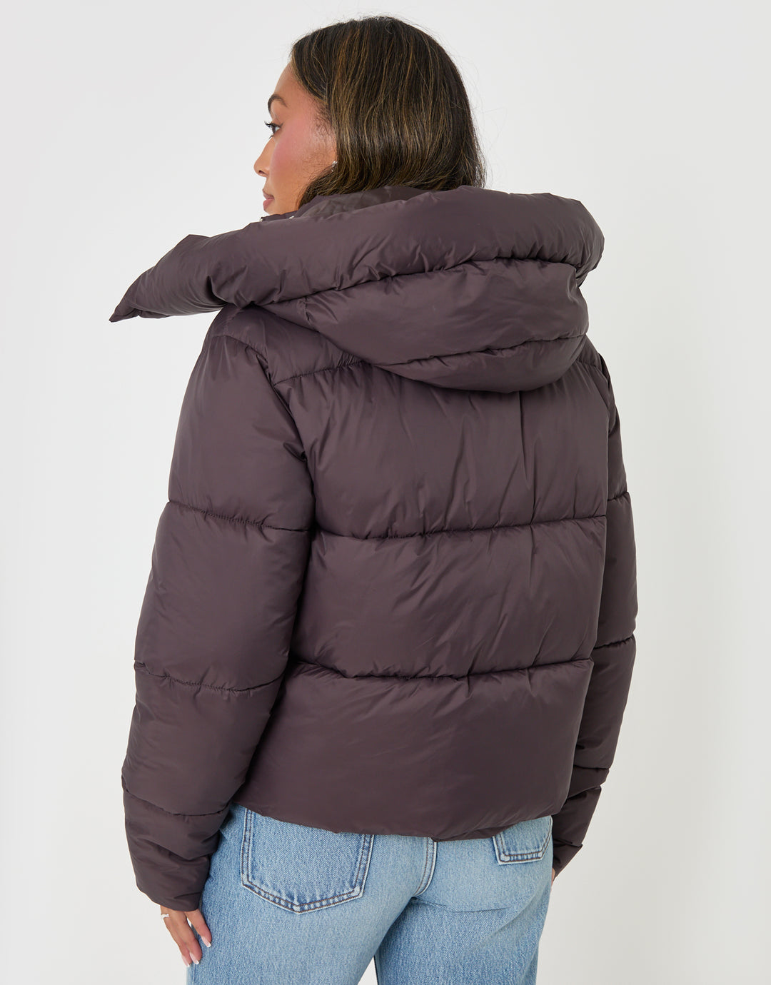 Threadbare Petite Showerproof Funnel Neck Puffer Coat in Chocolate Brown - back view