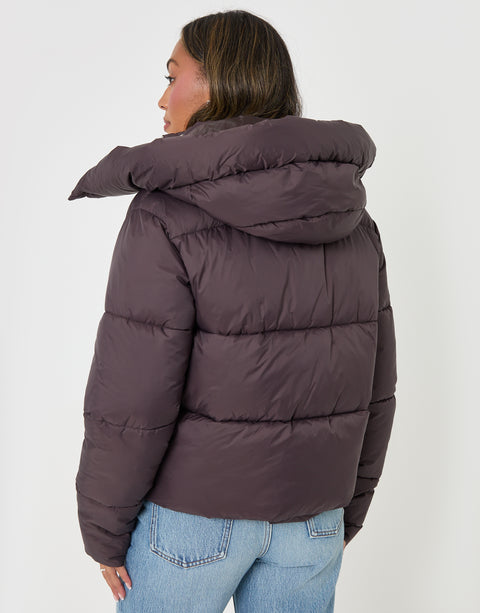 Threadbare Petite Showerproof Funnel Neck Puffer Coat in Chocolate Brown - back view
