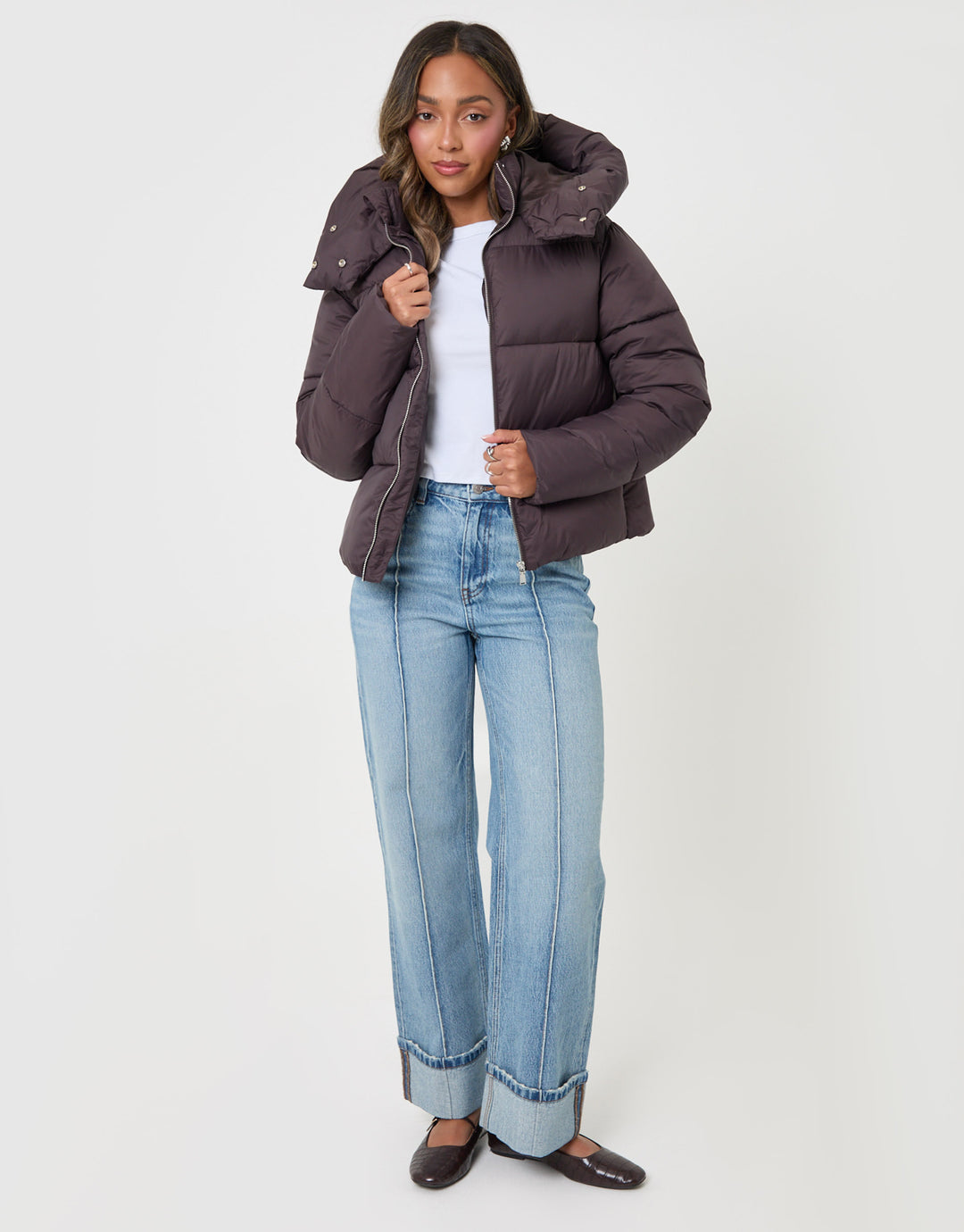 Threadbare Showerproof Funnel Neck Puffer Coat in Chocolate Brown - full body