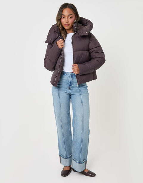 Threadbare Petite Showerproof Funnel Neck Puffer Coat in Chocolate Brown - full body