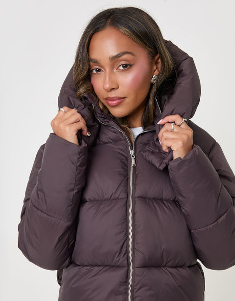 Threadbare Showerproof Funnel Neck Puffer Coat in Chocolate Brown - close up