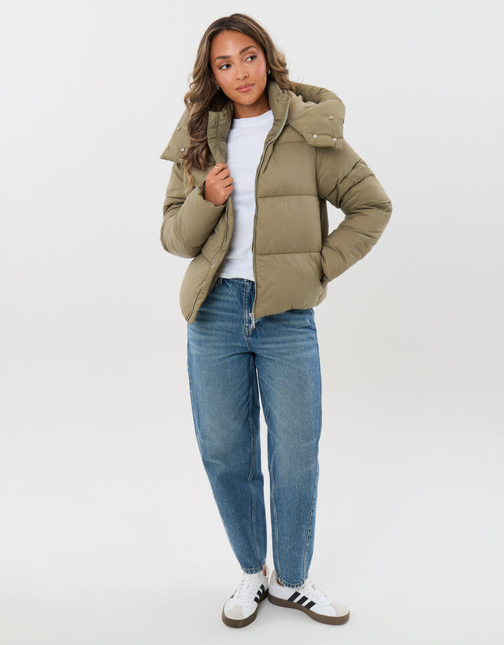 The Everyday Funnel Neck Puffer Coat in Sage Green