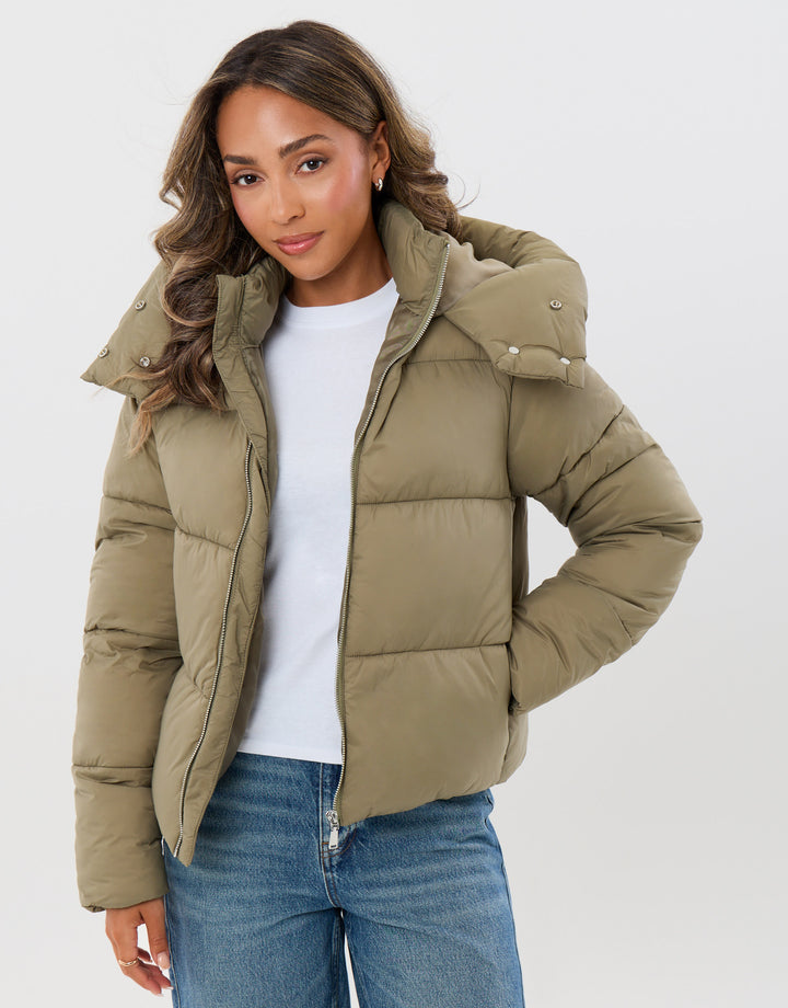 The Everyday Funnel Neck Puffer Coat in Sage Green