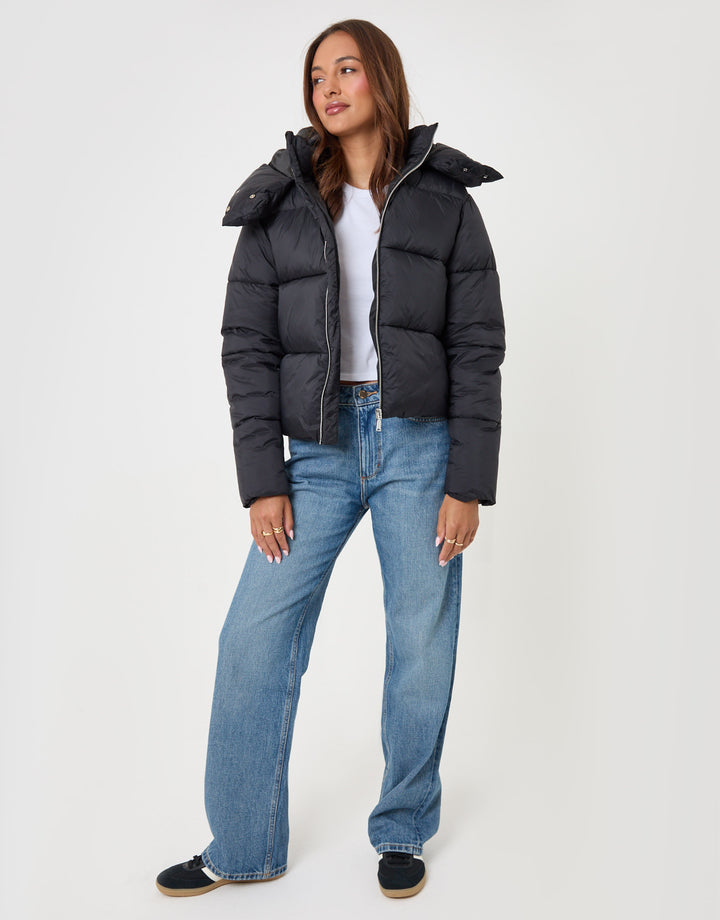 Threadbare Showerproof Funnel Neck Puffer Coat in Black - full body
