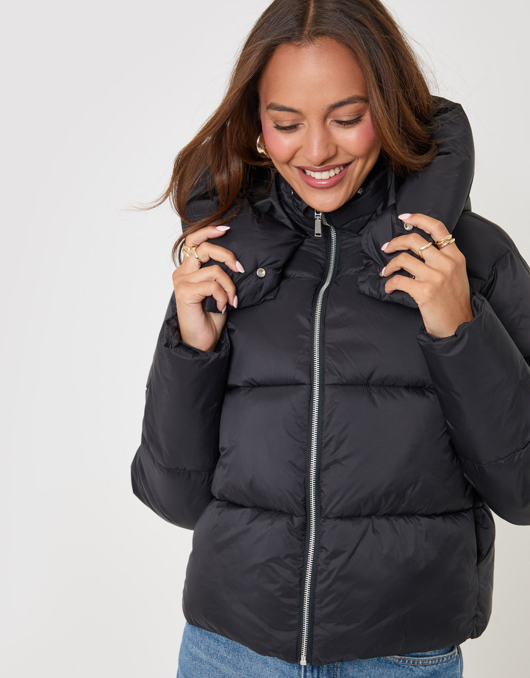 Threadbare Petite Showerproof Funnel Neck Puffer Coat in Black - close up