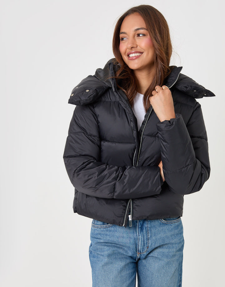 Threadbare Showerproof Funnel Neck Puffer Coat in Black - front view