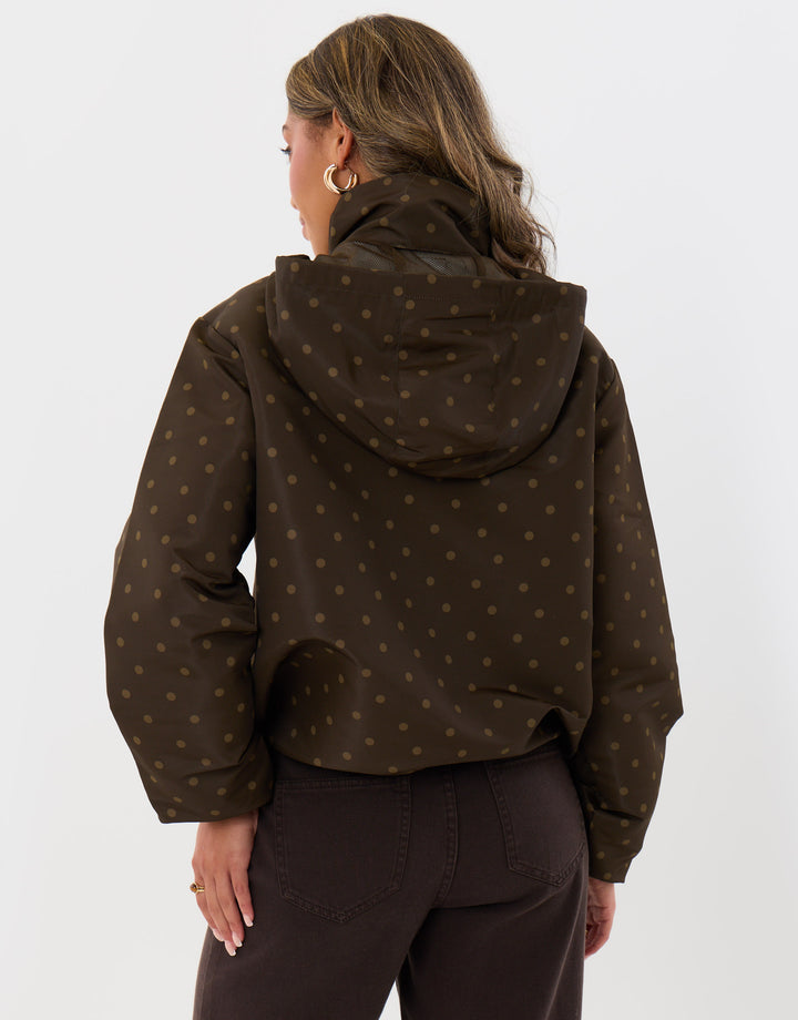 Threadbare Showerproof Funnel Neck Rain Mac in Brown Polka Dot - back view
