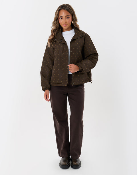 Threadbare Showerproof Funnel Neck Rain Mac in Brown Polka Dot - full body