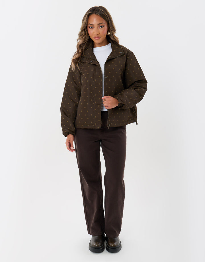 Threadbare Showerproof Funnel Neck Rain Mac in Brown Polka Dot - full body