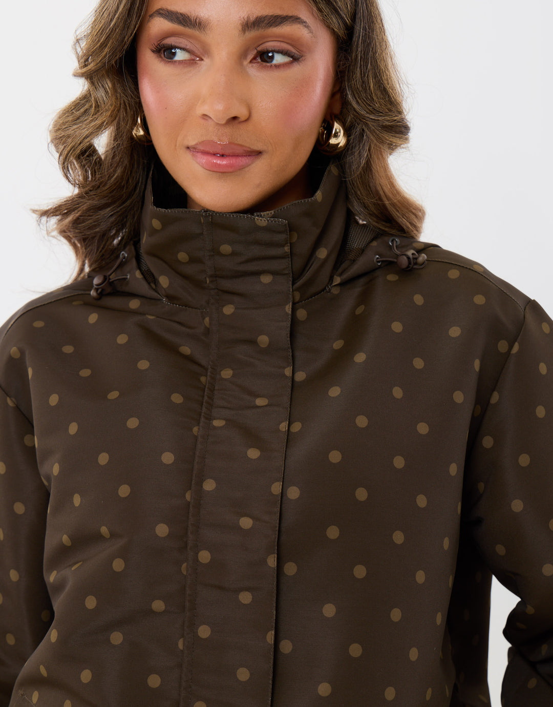 Threadbare Showerproof Funnel Neck Rain Mac in Brown Polka Dot - close up