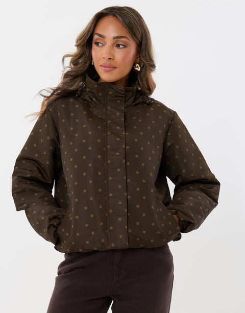 Threadbare Showerproof Funnel Neck Rain Mac in Brown Polka Dot - front view
