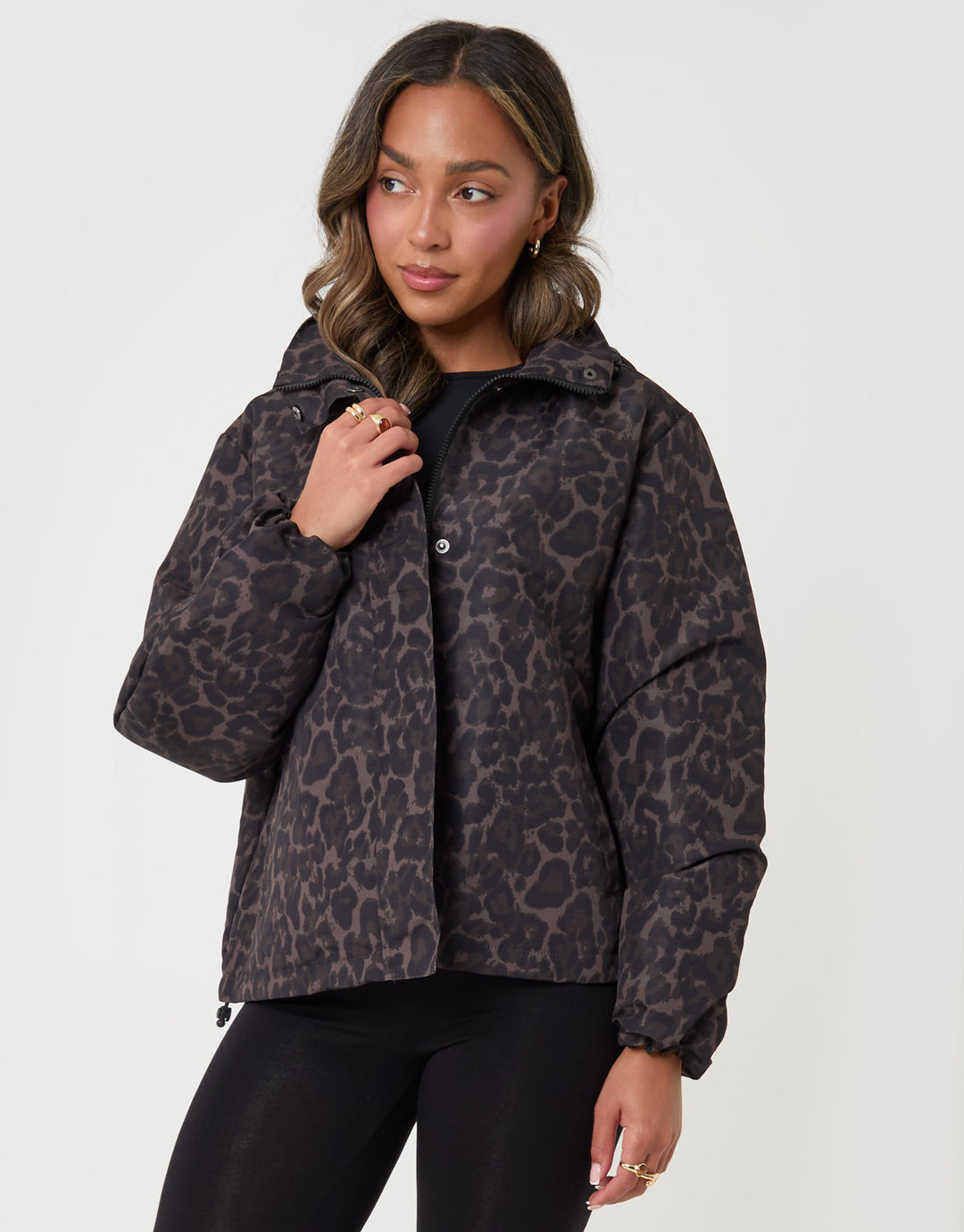 Threadbare Showerproof Funnel Neck Rain Mac in Leopard Print - full body
