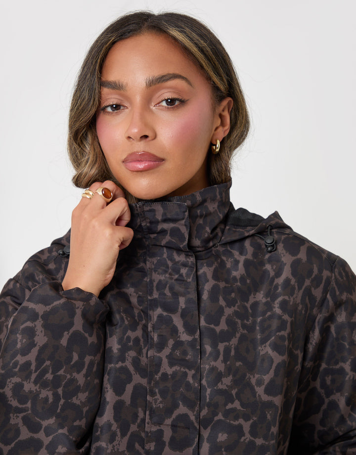 Threadbare Showerproof Funnel Neck Rain Mac in Leopard Print - close up