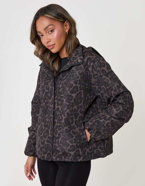Threadbare Showerproof Funnel Neck Rain Mac in Leopard Print - front view