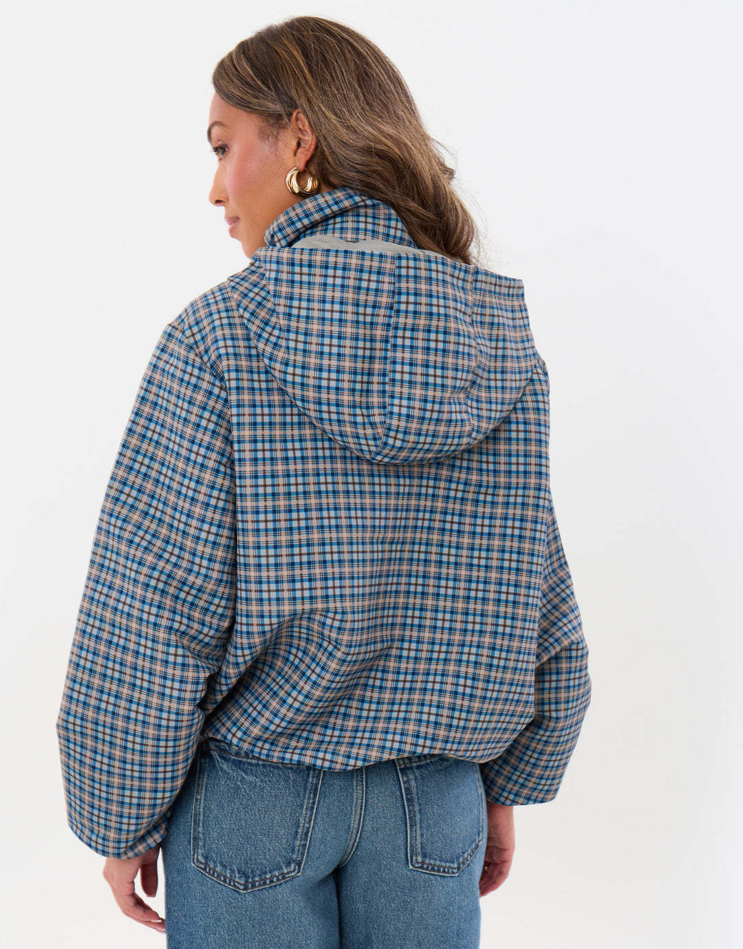 Threadbare Showerproof Funnel Neck Rain Mac in Blue Check - back view
