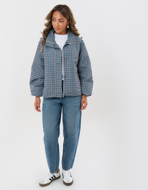 Threadbare Showerproof Funnel Neck Rain Mac in Blue Check - full body