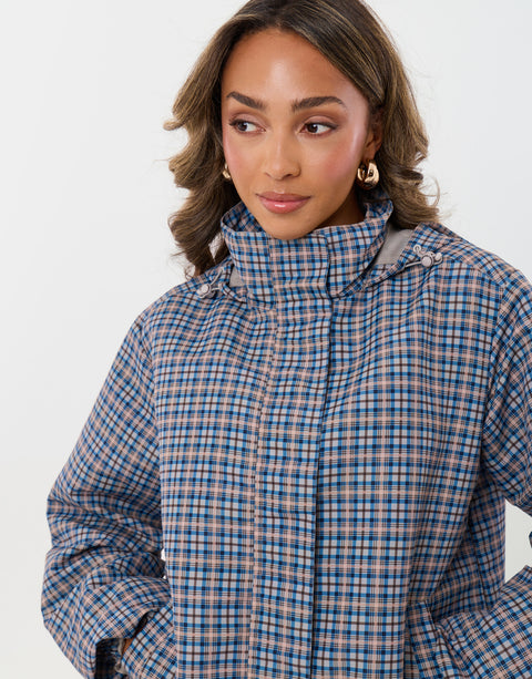 Threadbare Showerproof Funnel Neck Rain Mac in Blue Check - close up
