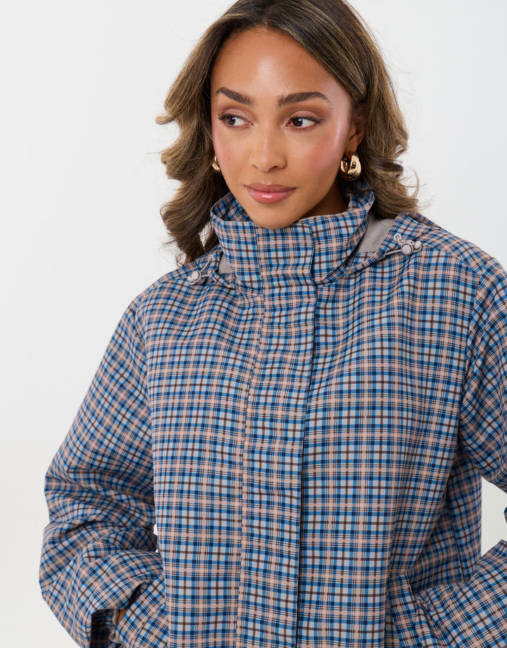 Threadbare Showerproof Funnel Neck Rain Mac in Blue Check - close up