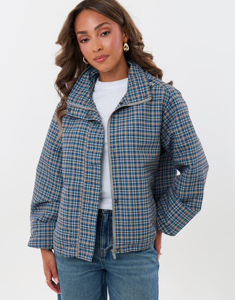 Threadbare Showerproof Funnel Neck Rain Mac in Blue Check - front view