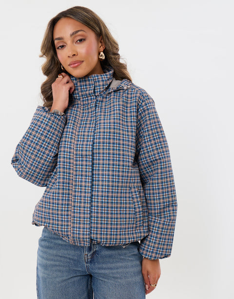 Threadbare Showerproof Funnel Neck Rain Mac in Blue Check - front view pose