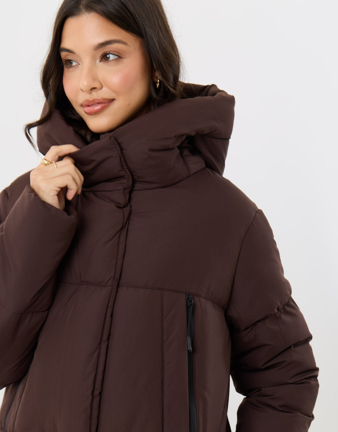 Petite Showerproof Maxi Puffer Coat in Chocolate Brown