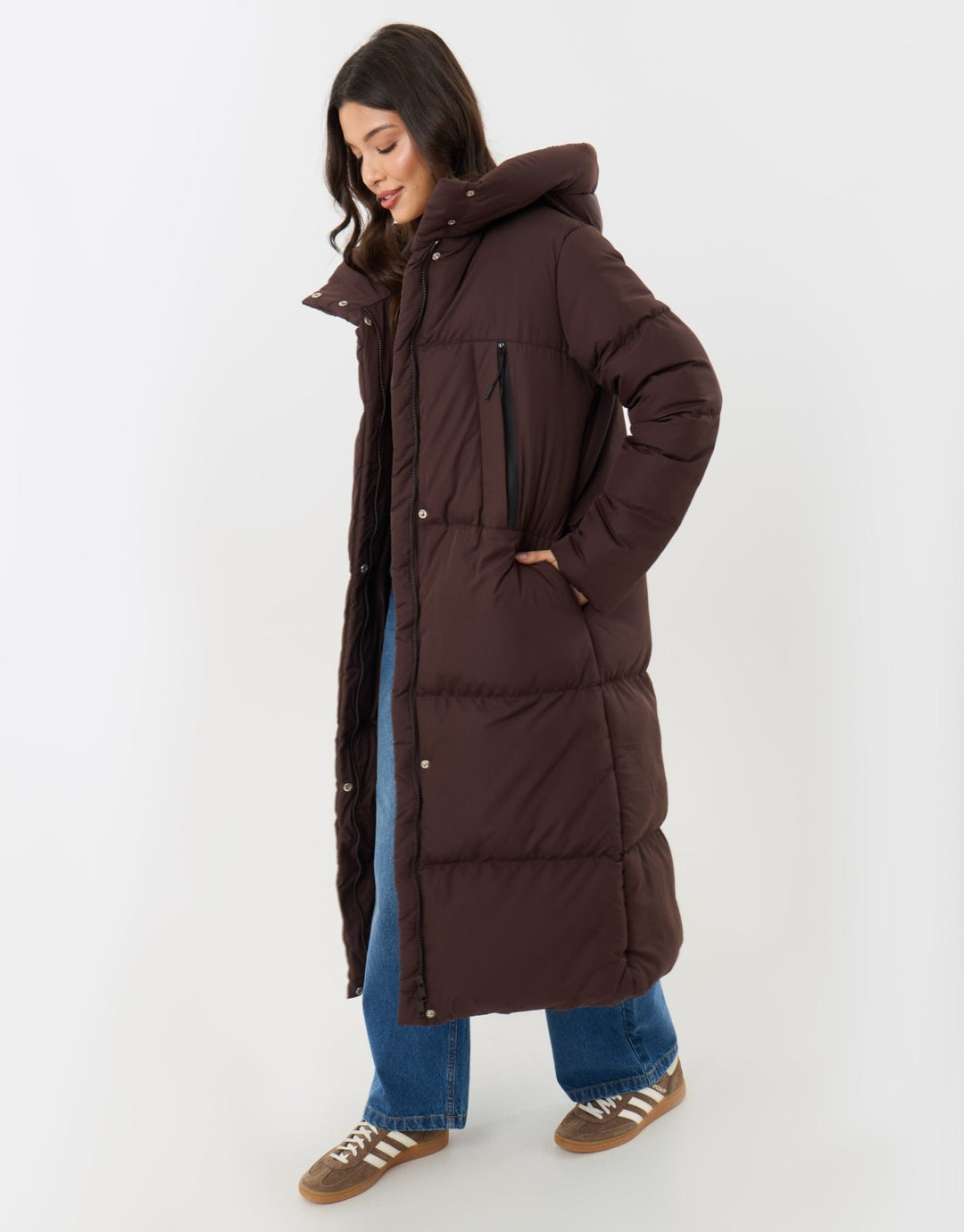 Petite Showerproof Maxi Puffer Coat in Chocolate Brown