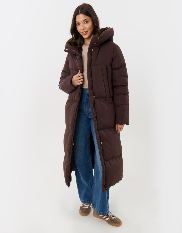Showerproof Maxi Puffer Coat in Chocolate Brown