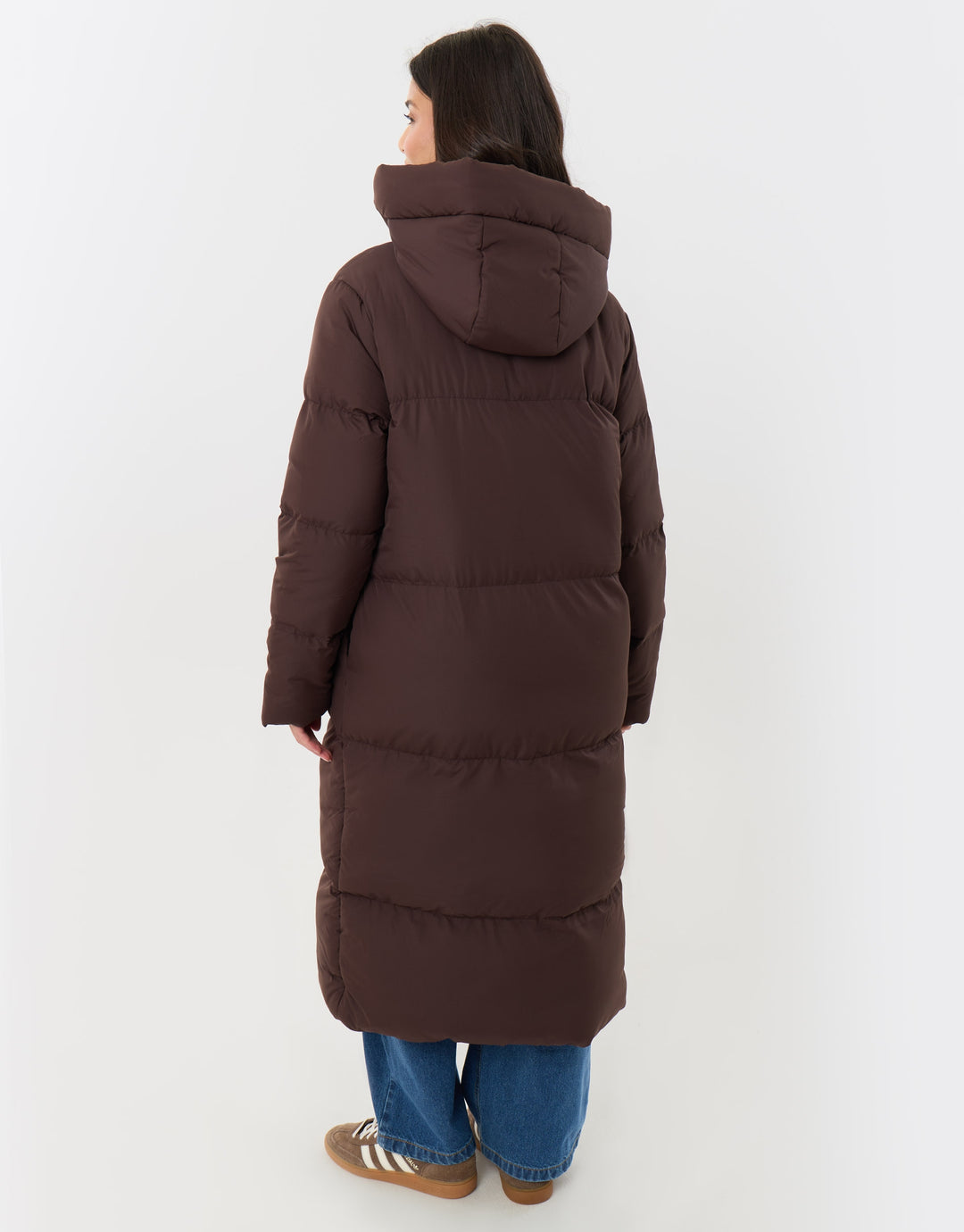 Showerproof Maxi Puffer Coat in Chocolate Brown