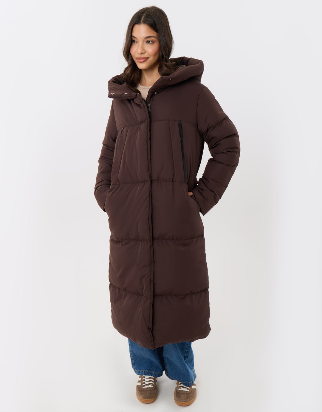 Showerproof Maxi Puffer Coat in Chocolate Brown