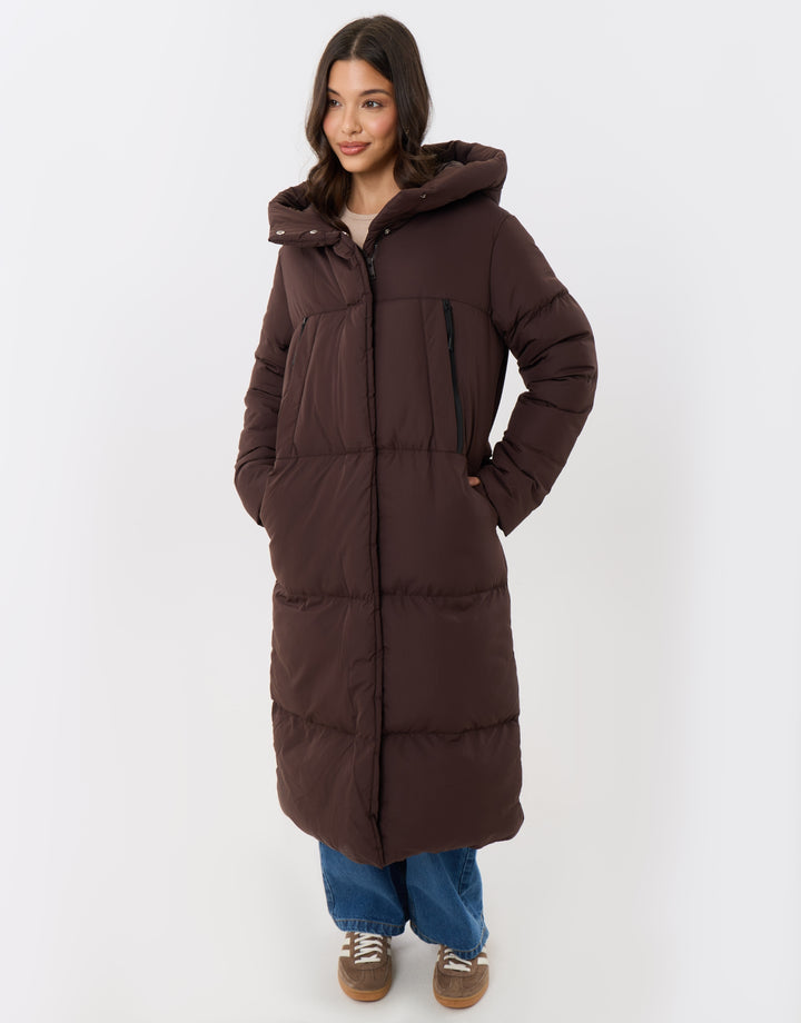Showerproof Maxi Puffer Coat in Chocolate Brown