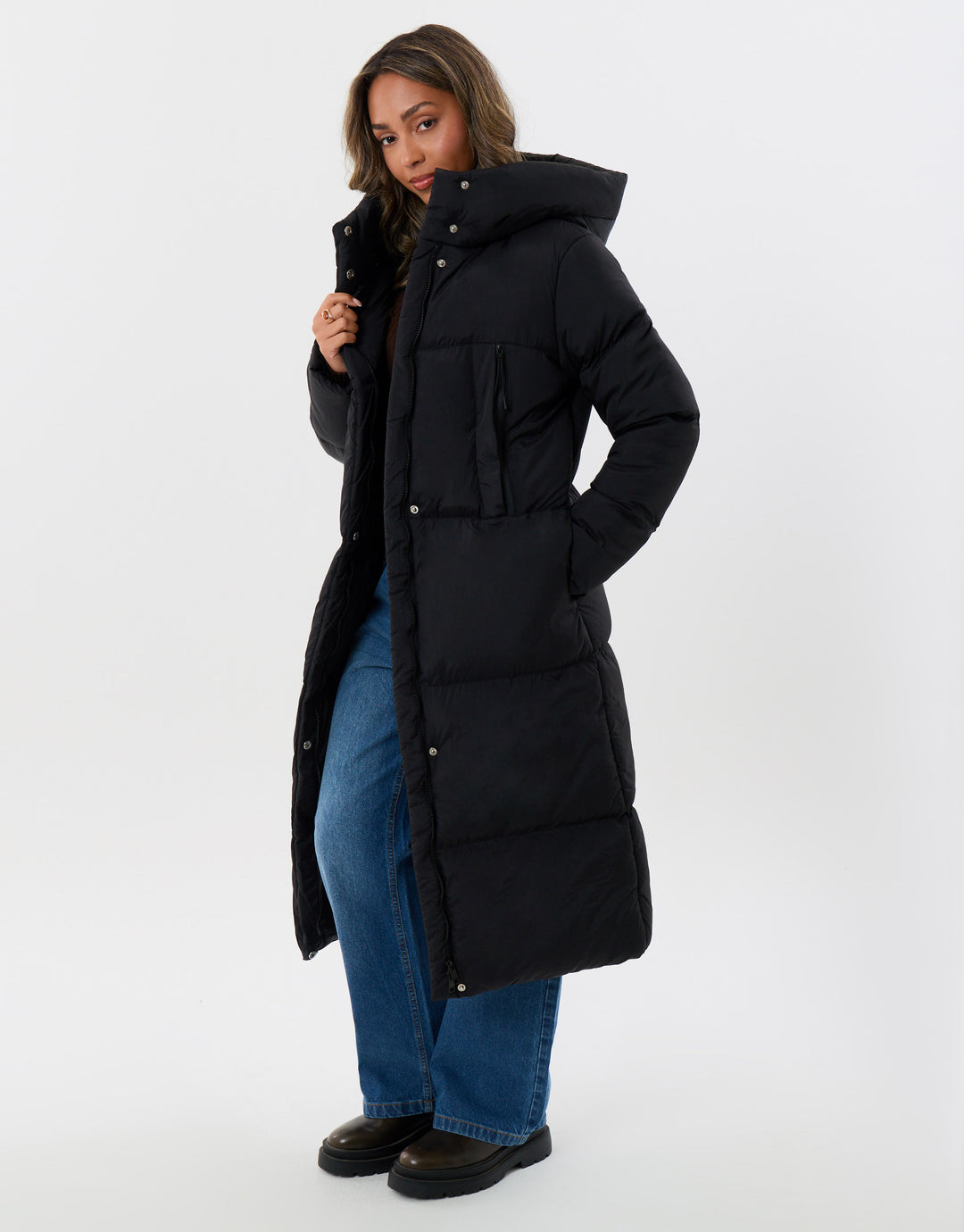 Threadbare Showerproof Maxi Puffer Coat in Black - front view pose